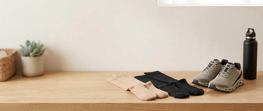 BackOnPace compression socks — both colors with sneakers and water bottle on wooden shelf